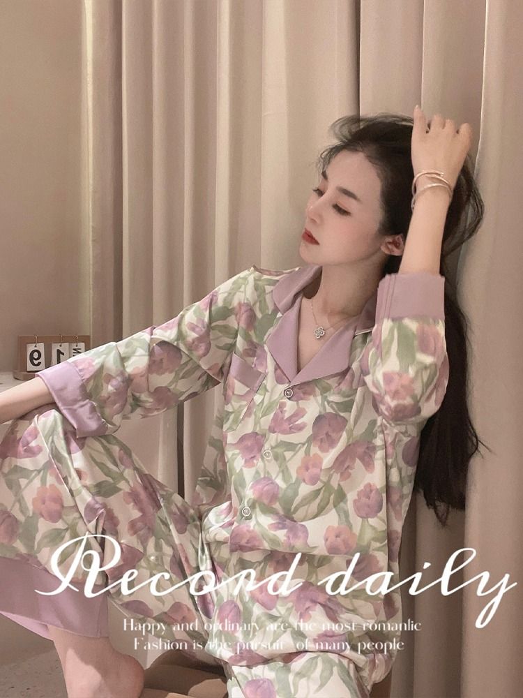 Purple tulip pajamas women's spring and summer long-sleeved high-quality ice silk new home clothes can be worn outside two-piece set