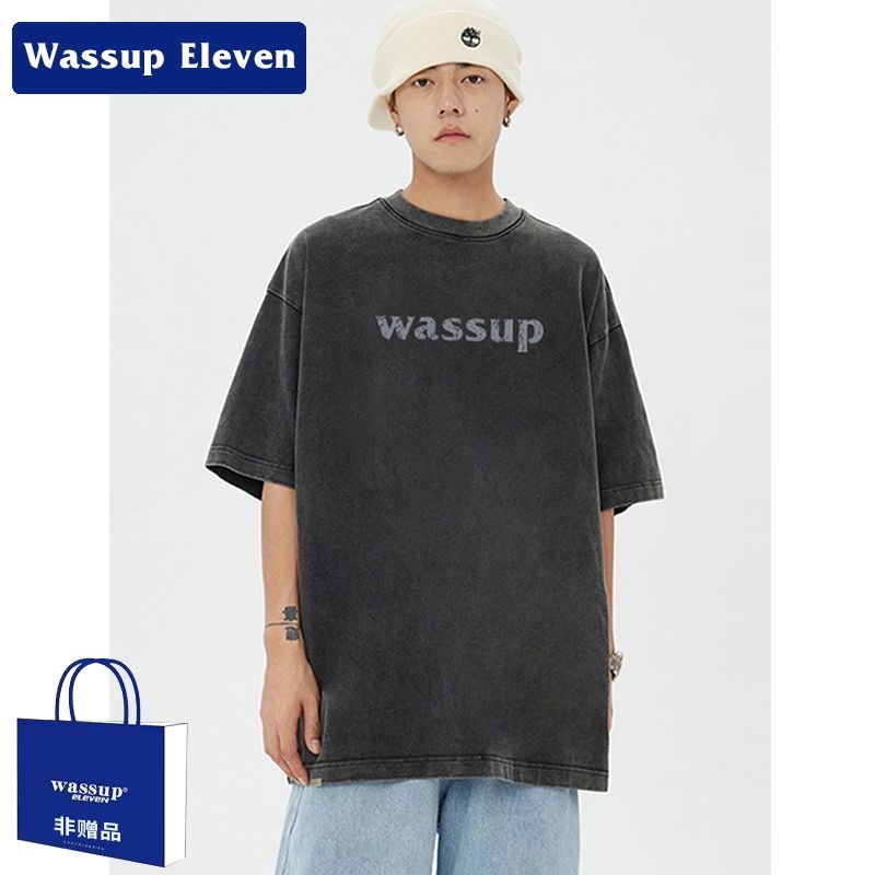 WASSUP美式重磅復古做舊水洗短袖T恤男國潮百搭夏季ins情侶裝上衣