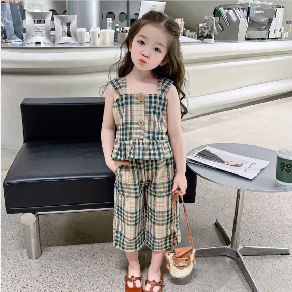Girls Western Style Plaid Suit Korea 2023 Summer Baby Cotton Small Camisole Casual Pants Two-piece Set