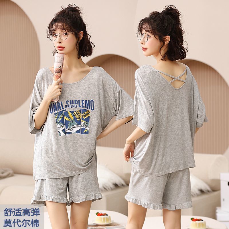 100%莫代爾睡衣女夏天短袖短褲2023年新款套裝可外穿夏季女家居服