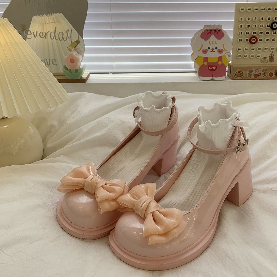 粉色少女心厚底玛丽珍鞋女2023春季新款甜美蝴蝶结圆头增高小皮鞋