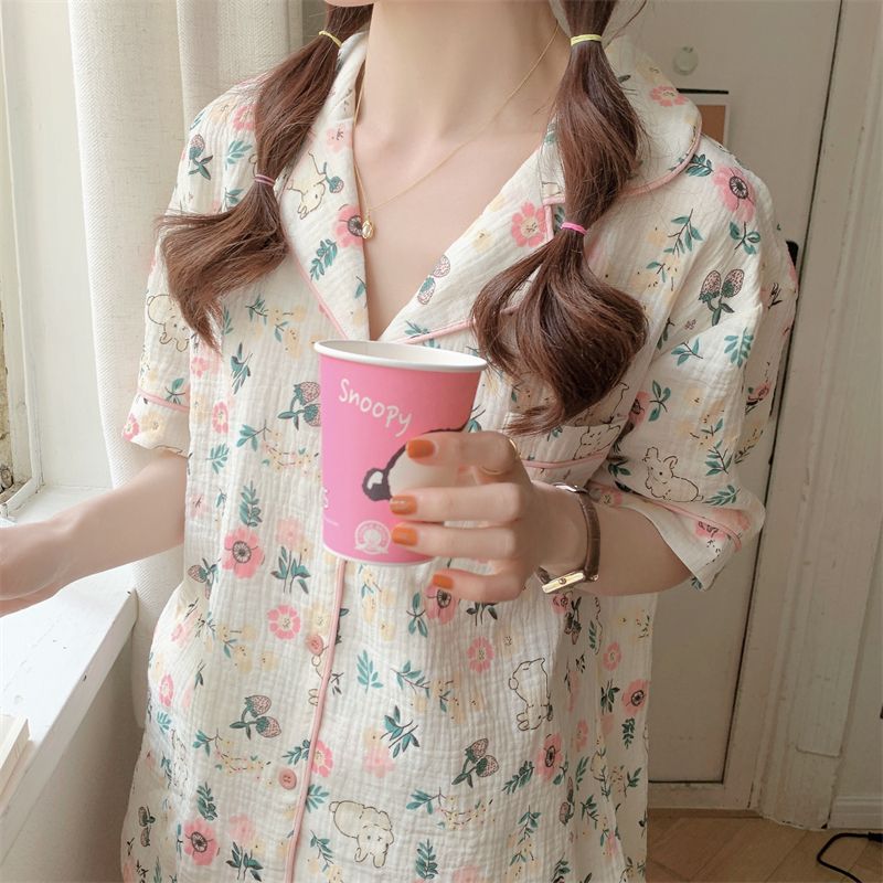 New pajamas women's summer cardigan short-sleeved thin section baby cotton feeling net red ins style summer home clothes set women
