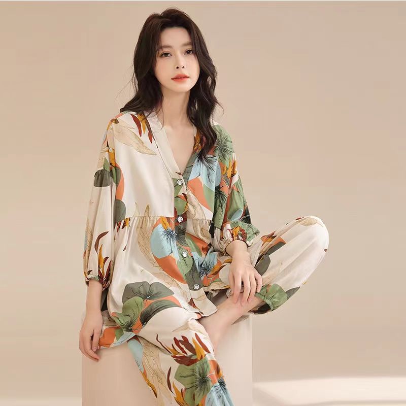 Cotton silk pajamas women's spring and summer three-quarter sleeve trousers thin suit large size air-conditioning suit home service can be worn outside suit