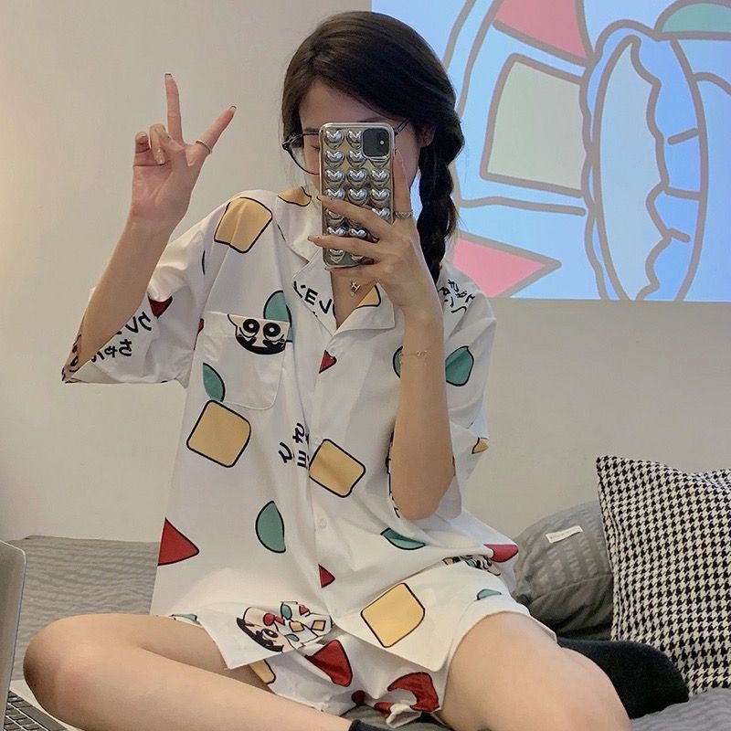 Spring and summer ice silk pajamas women's short-sleeved crayon Shinchan cute cartoon silk thin section home service suit spring and summer