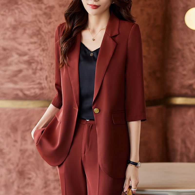 砖红色西装七分袖外套女夏季薄2023新款高级感职业装西服两件套装