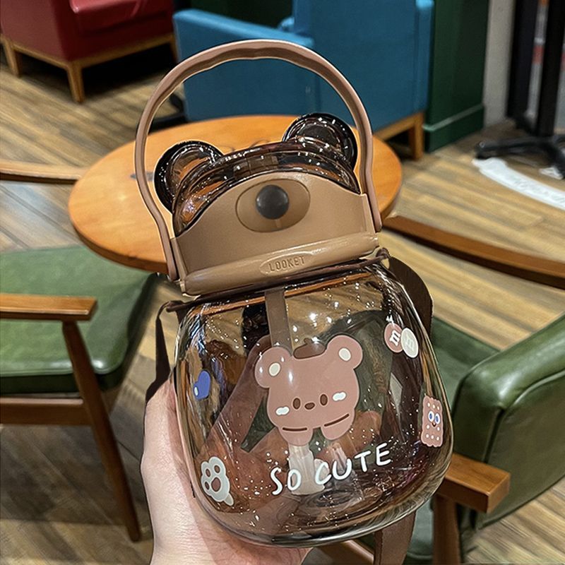 Bear Water Cup Student Good-Looking Straw Big Belly Cup Cartoon Children Internet Celebrity Portable Can Be Crossed Cute Drinking Water Bottle