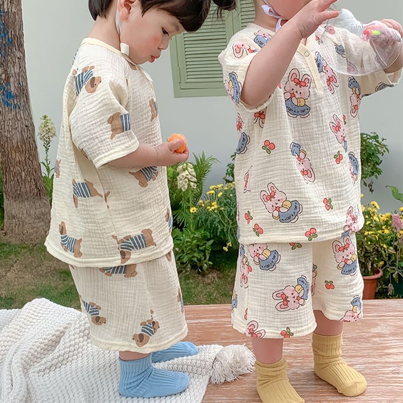 儿童睡衣男童纯棉纱布夏季薄款婴儿宝宝家居服套装短袖女孩空调服