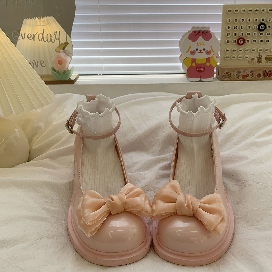 粉色少女心厚底玛丽珍鞋女2023春季新款甜美蝴蝶结圆头增高小皮鞋