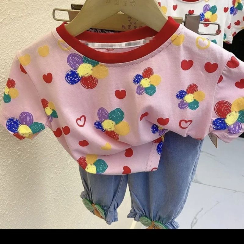 2023 Girls Summer New Sunflower Cotton Short-sleeved T-shirt Baby Girl Korean Version Small Flower T-shirt Children's Tops