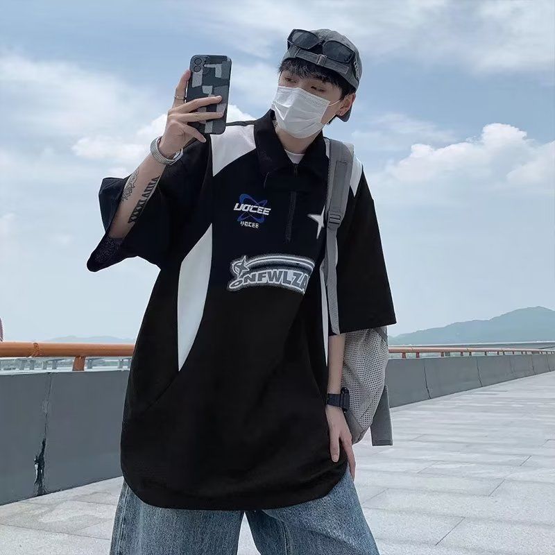美式復古賽車短袖polo衫短袖男女ins寬鬆休閒t恤寬鬆顯瘦情侶體恤