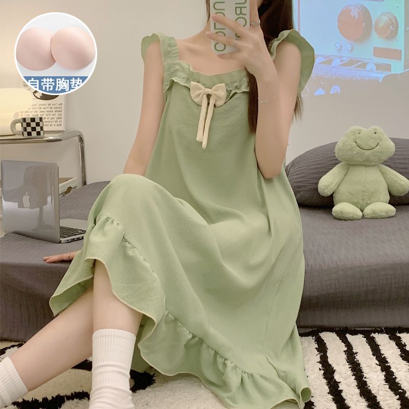 Chest pad sling nightdress female summer thin section baby cotton sense net red ins wind sweet girl solid color pajamas dress
