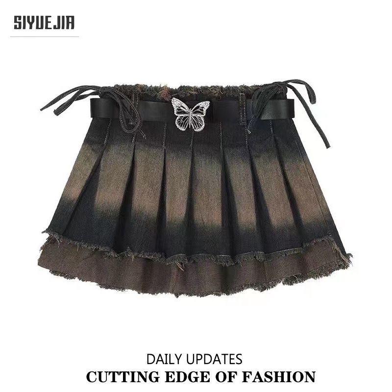 Hot girl retro distressed pleated denim skirt women's summer new large size fat mm irregular anti-exposure short skirt