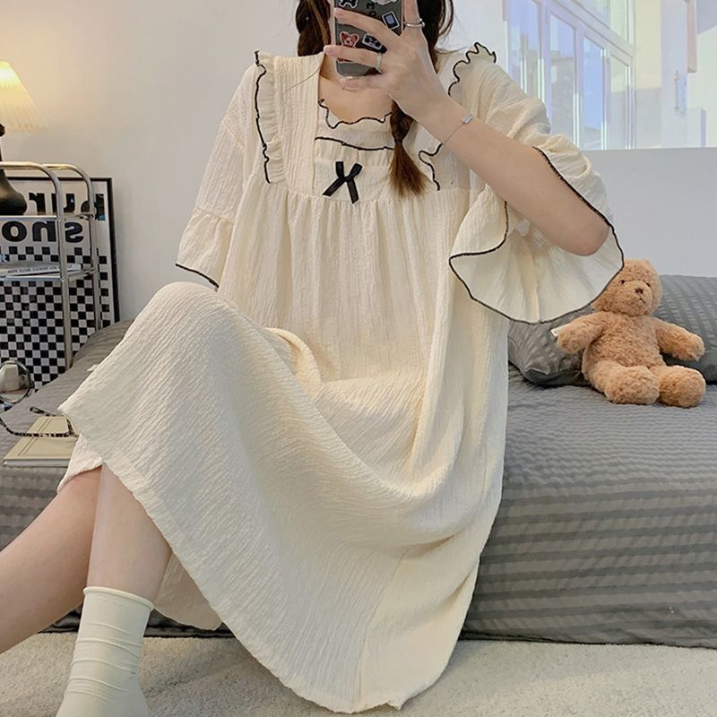 2023 new gauze cotton nightdress women's summer short-sleeved mid-length solid color sweet lazy wind thin home clothes