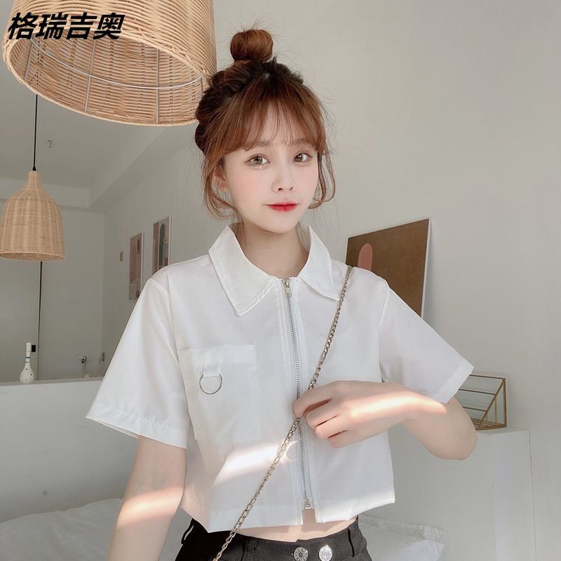 格瑞吉奧短袖白襯衫女夏薄款短款襯衣百搭設計感小眾甜酷法式上衣