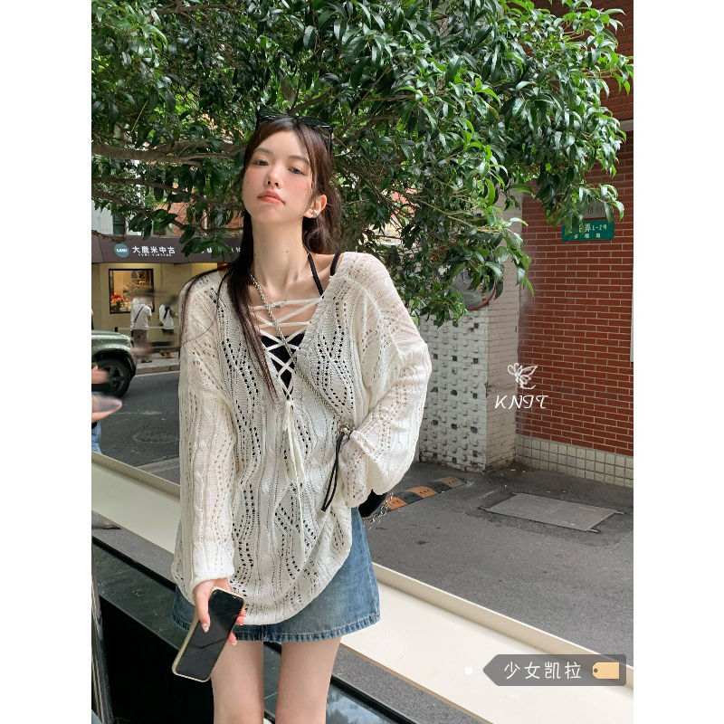 Hollow tie knitted sweater women's spring 2023 new loose white long-sleeved design sense niche chic top