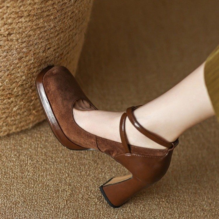 French retro chunky heel waterproof platform shoes women's  spring new leather brown shallow mouth Mary Jane high heels