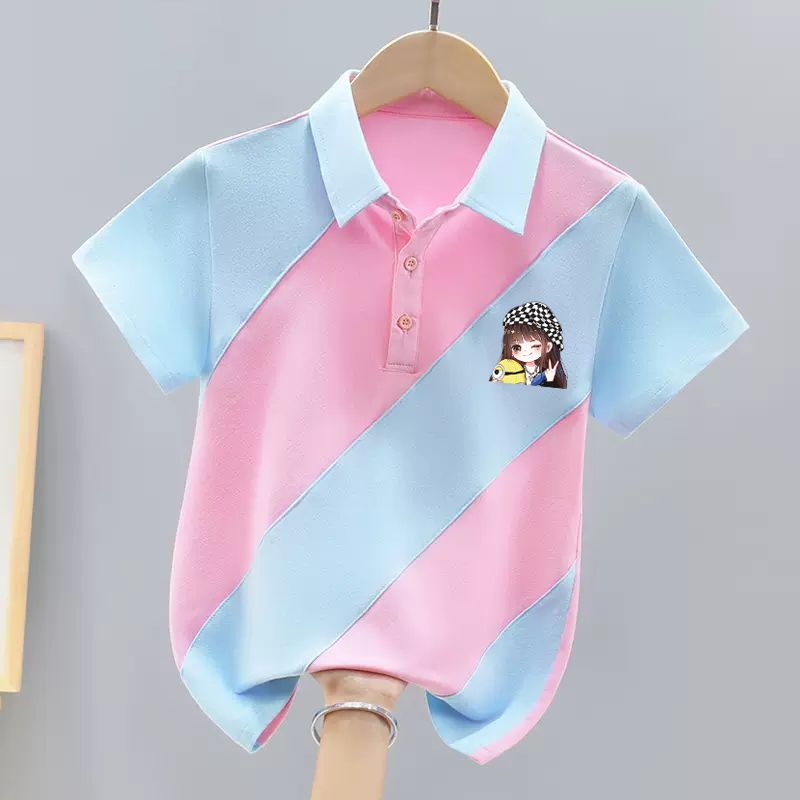 Girls polo shirt short-sleeved summer wear  new style children girls fashionable and sweet ins style stitching contrast color trendy T-shirt