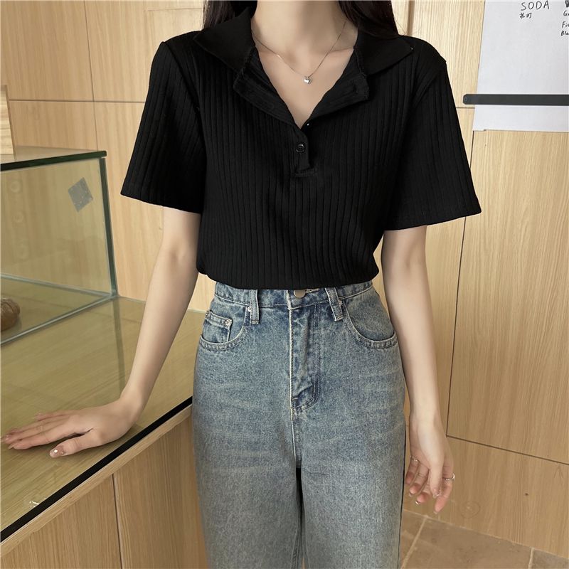  summer retro polo collar short-sleeved T-shirt women's new plus size tops women's design sense niche small man