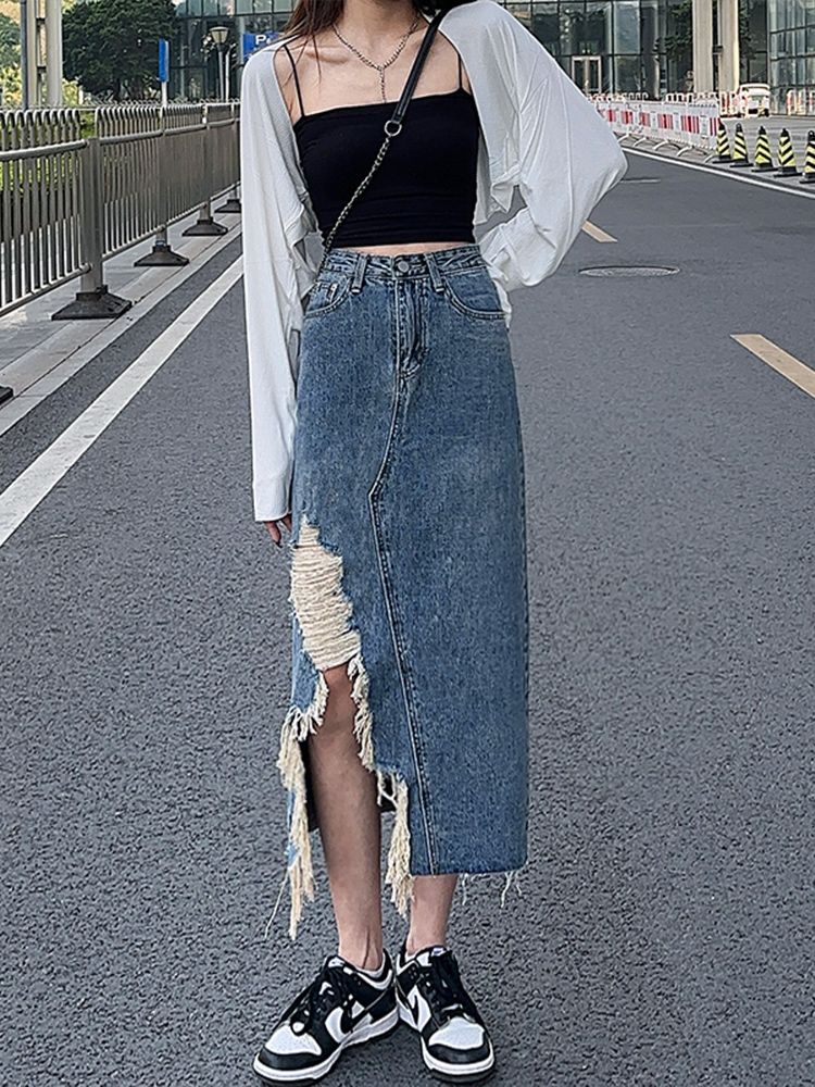 Large size fat mm irregular ripped denim skirt women 2023 spring and summer high waist mid-length a-line skirt niche