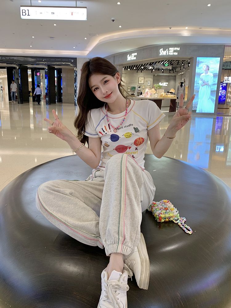Thin wheat THIN MORE open line hit color cartoon printing sweet and spicy short-sleeved T-shirt women's summer new short top tide