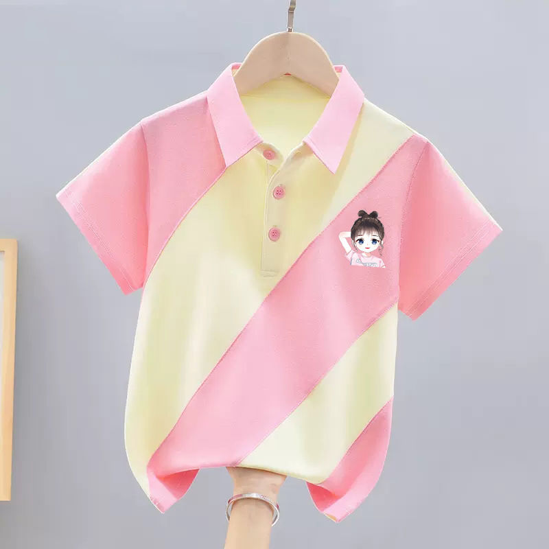 Girls polo shirt short-sleeved summer wear  new style children girls fashionable and sweet ins style stitching contrast color trendy T-shirt