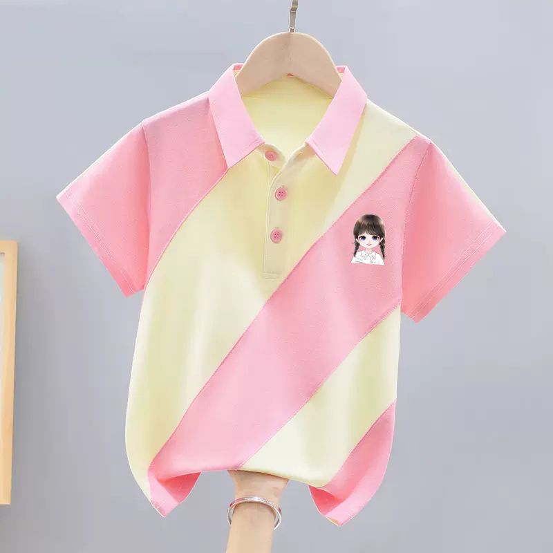 Girls polo shirt short-sleeved summer wear  new style children girls fashionable and sweet ins style stitching contrast color trendy T-shirt