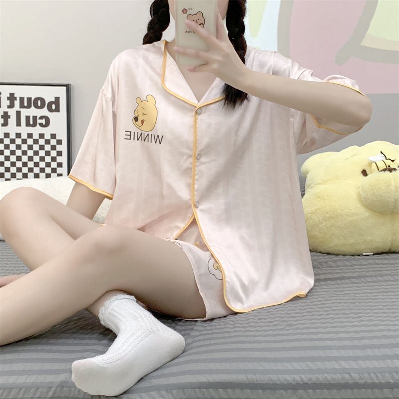 Summer ice silk short-sleeved pajamas women's summer suit Japanese ins sweet and fresh home service thin section high-end cardigan