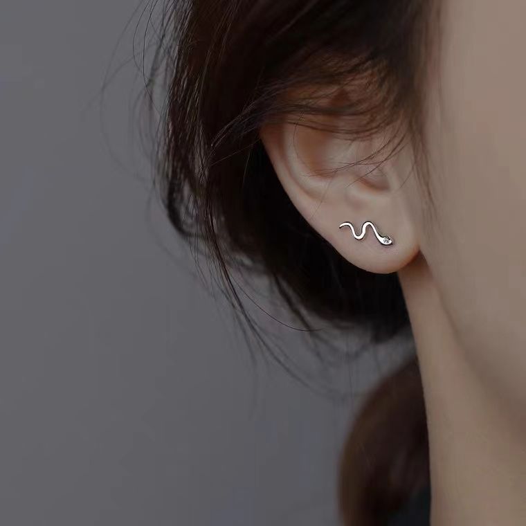 s925纯银针蛇形素面耳钉女2023年新款潮高级感小众设计感耳环耳饰