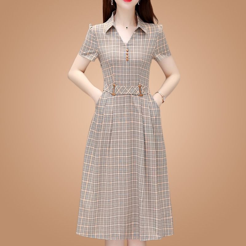 格子連衣裙2023新款夏季女復古氣質POLO領中長款收腰顯瘦襯衫裙子