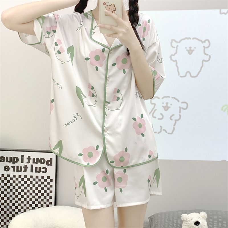 Summer ice silk pajamas women's summer two-piece suit Japanese sweet and cute little man loose and can wear home clothes