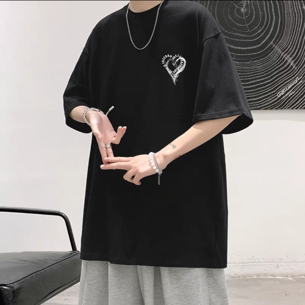 100%純棉愛心衣服短袖男夏新款休閒情侶裝半袖潮牌ins百搭體恤