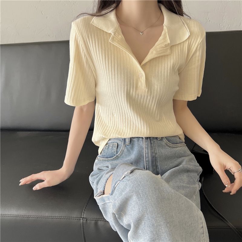2023 summer retro polo collar short-sleeved T-shirt women's new plus size tops women's design sense niche small man