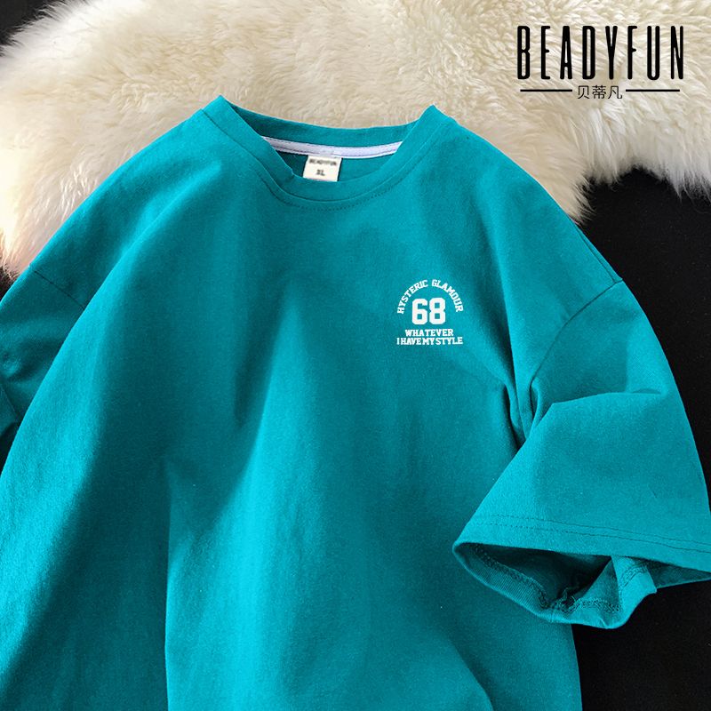 BEADYFUN pure cotton summer Hong Kong style short-sleeved t-shirt men and women simple student casual half-sleeved top clothes couple outfit