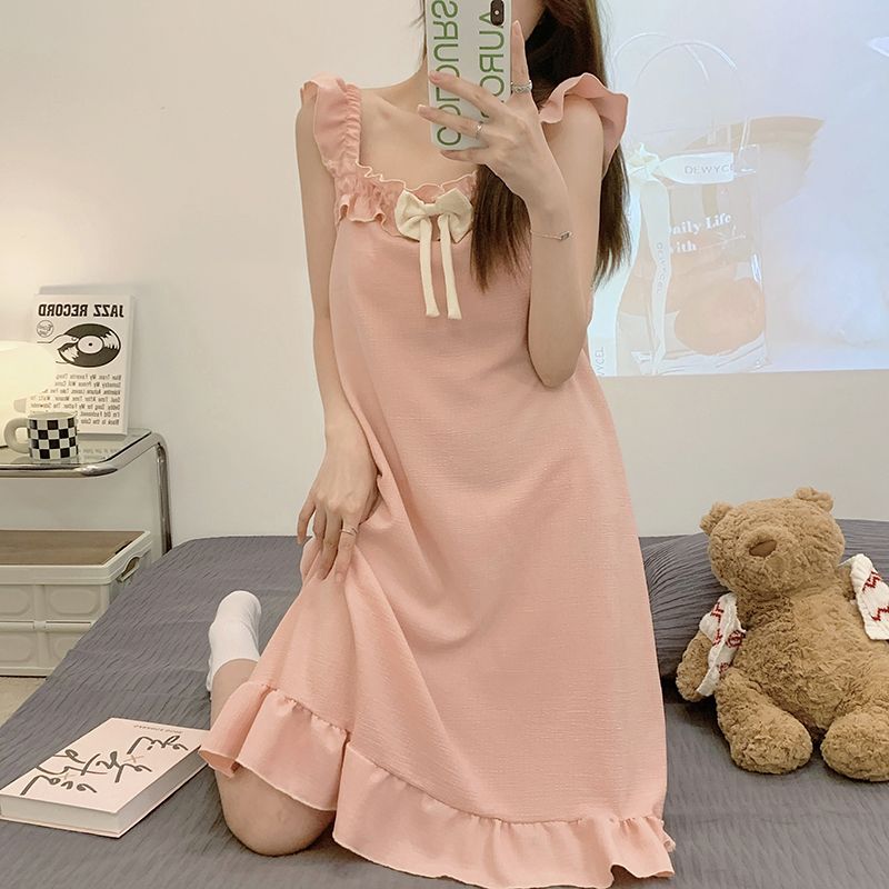 Women's summer thin baby cotton-feeling nightdress with chest pad suspenders net red princess wind sweet girl solid color pajamas dress