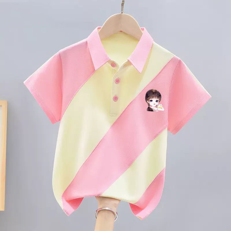 Girls polo shirt short-sleeved summer wear  new style children girls fashionable and sweet ins style stitching contrast color trendy T-shirt