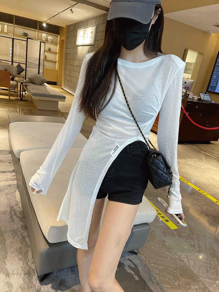Large size slit sun protection clothing for women summer new style sweet and spicy pure lust style slim slim round neck thin t-shirt top trendy