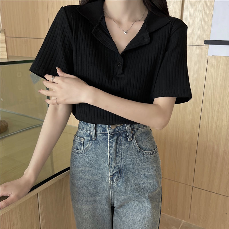  summer retro polo collar short-sleeved T-shirt women's new plus size tops women's design sense niche small man