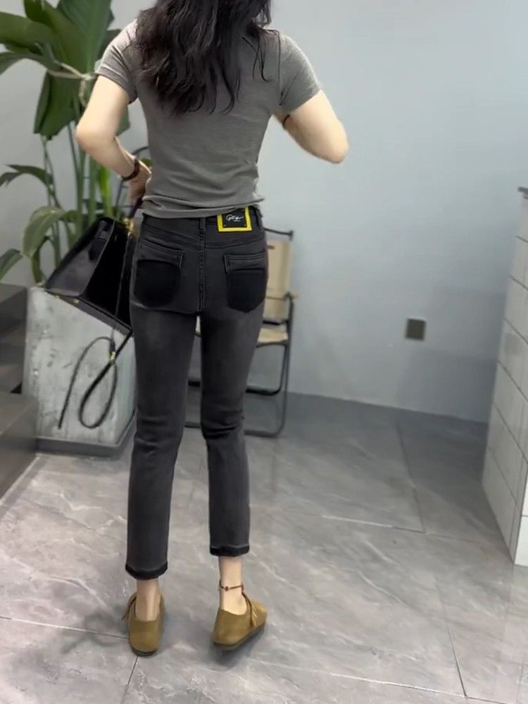 黑灰色高腰彈力牛仔褲女2023年春夏新款緊身顯瘦小腳九分鉛筆褲子
