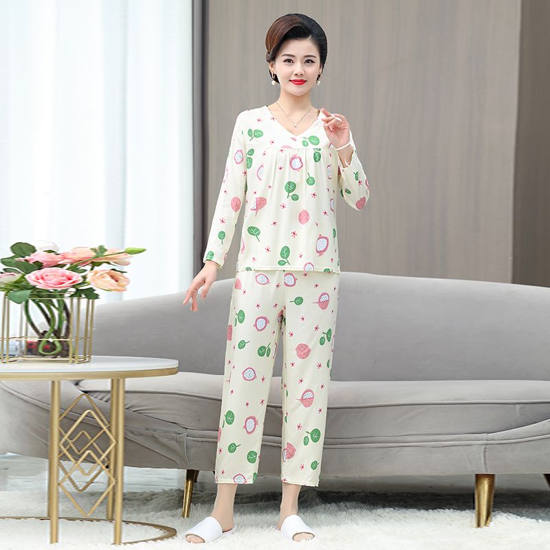 Middle-aged women spring and autumn new cotton silk pajamas thin section large size artificial cotton home service V-neck long-sleeved trousers two-piece set
