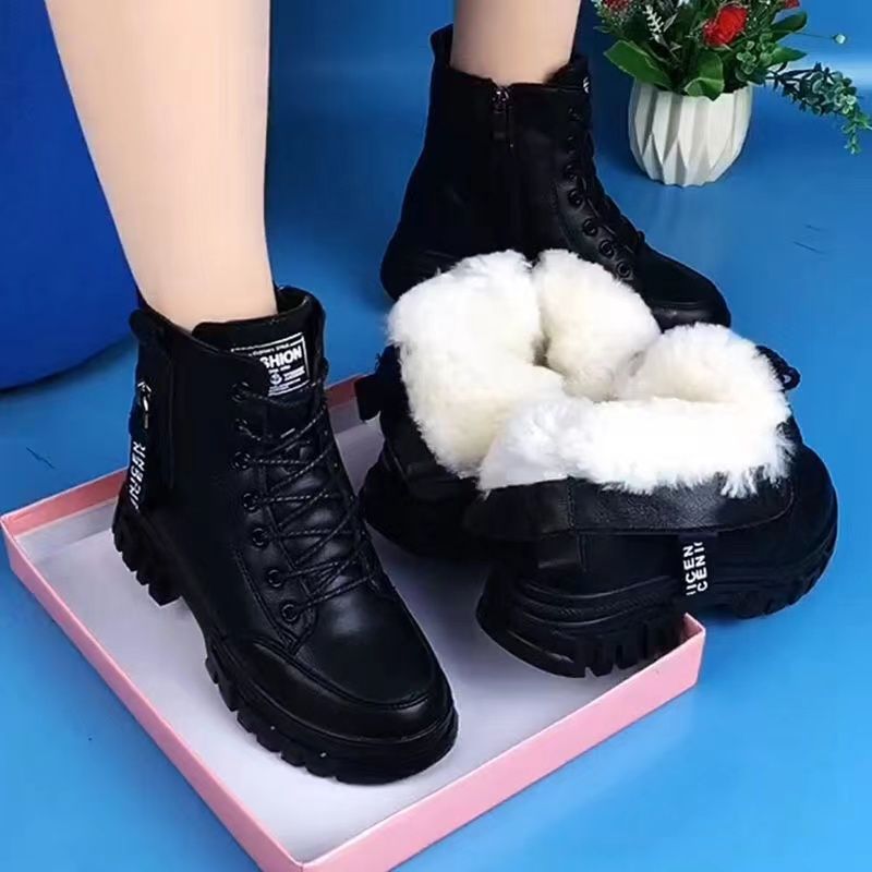 超爆款真皮馬丁靴女2023秋冬加絨保暖短靴子大碼厚底羊毛雪地靴女