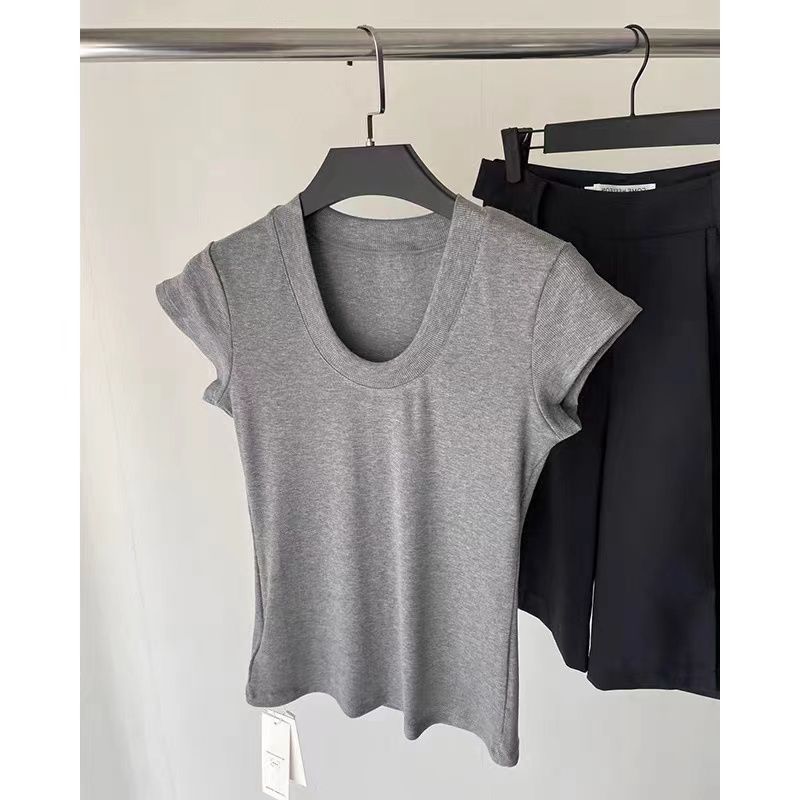 Simple solid color U-neck front shoulder short-sleeved t-shirt women  spring and summer slim fit all-match pure desire hot girl bottoming top
