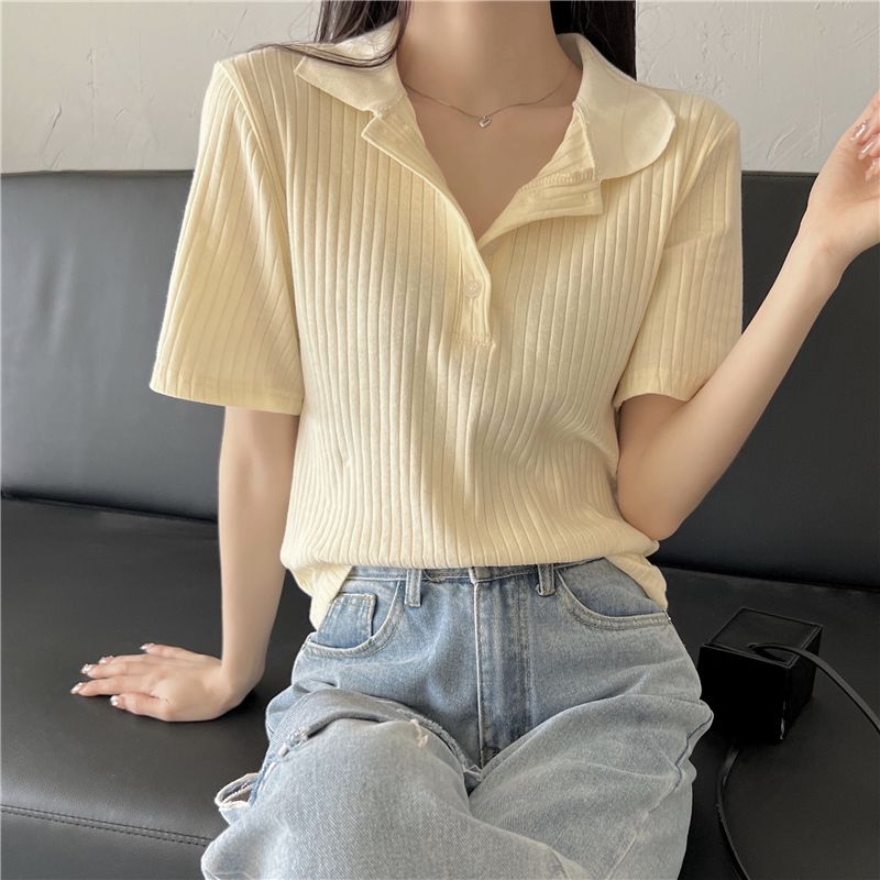  summer retro polo collar short-sleeved T-shirt women's new plus size tops women's design sense niche small man