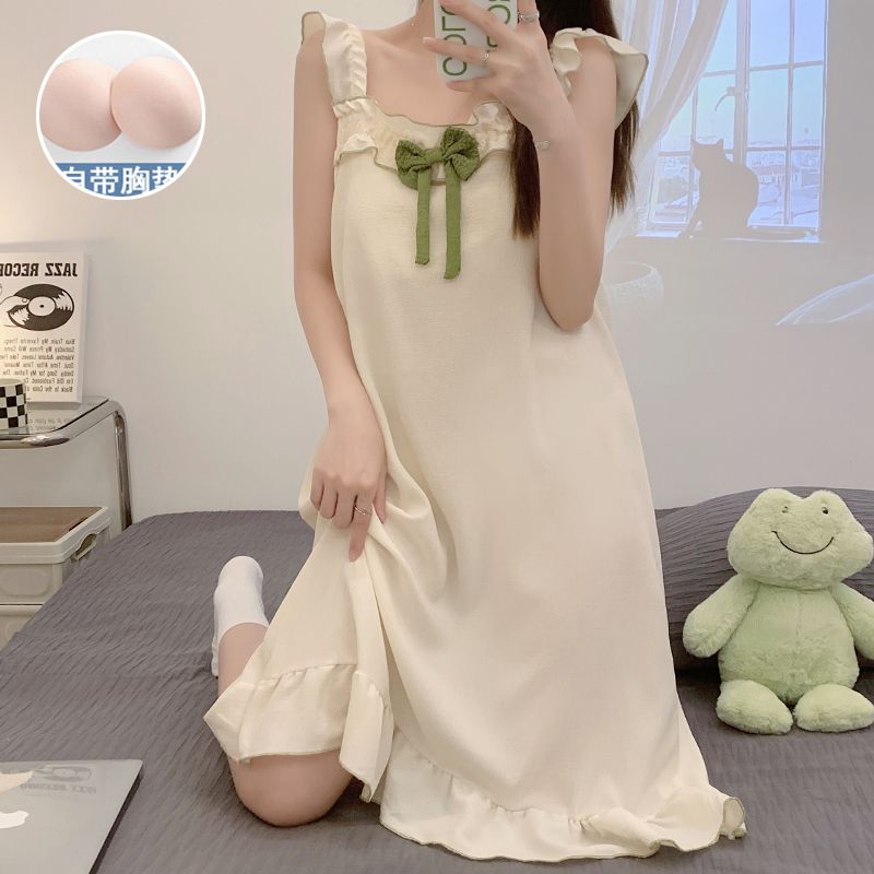 Chest pad sling nightdress female summer thin section baby cotton sense net red ins wind sweet girl solid color pajamas dress