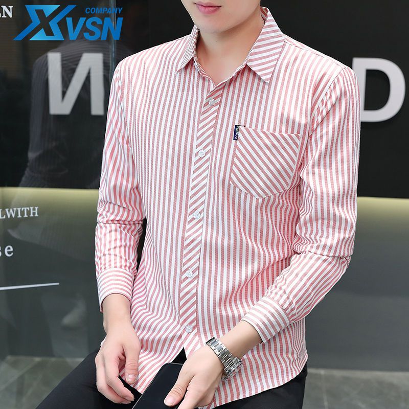 Handsome pointed collar men's non-ironing striped shirt spring and autumn Korean style long-sleeved shirt casual fashion with pockets