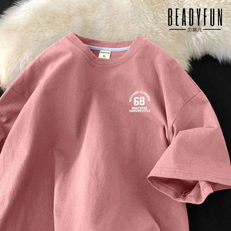 BEADYFUN pure cotton summer Hong Kong style short-sleeved t-shirt men and women simple student casual half-sleeved top clothes couple outfit