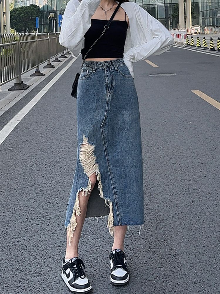 Large size fat mm irregular ripped denim skirt women 2023 spring and summer high waist mid-length a-line skirt niche