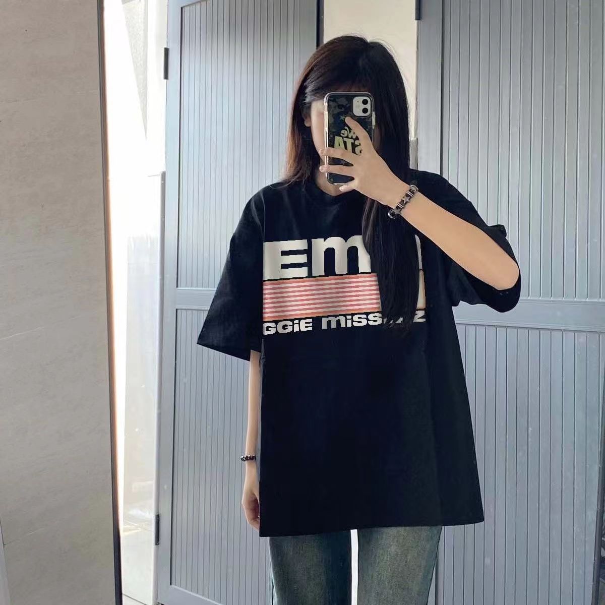 100%純棉美式街頭百搭短袖復古t恤女2023春夏新款寬鬆國潮牌上衣