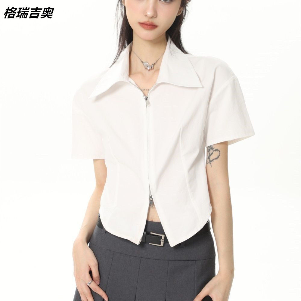 格瑞吉奥双拉链白色短袖衬衫女夏季小众设计感显瘦高级感短款上衣