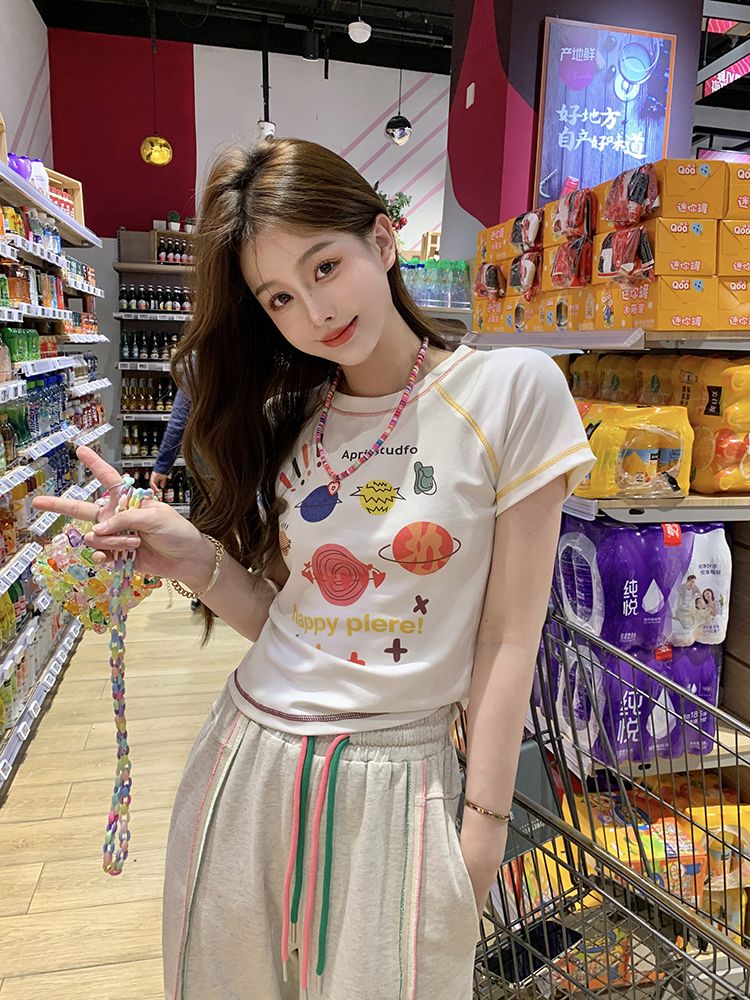 Thin wheat THIN MORE open line hit color cartoon printing sweet and spicy short-sleeved T-shirt women's summer new short top tide