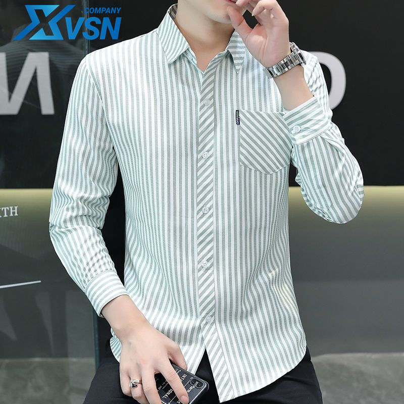 Handsome pointed collar men's non-ironing striped shirt spring and autumn Korean style long-sleeved shirt casual fashion with pockets
